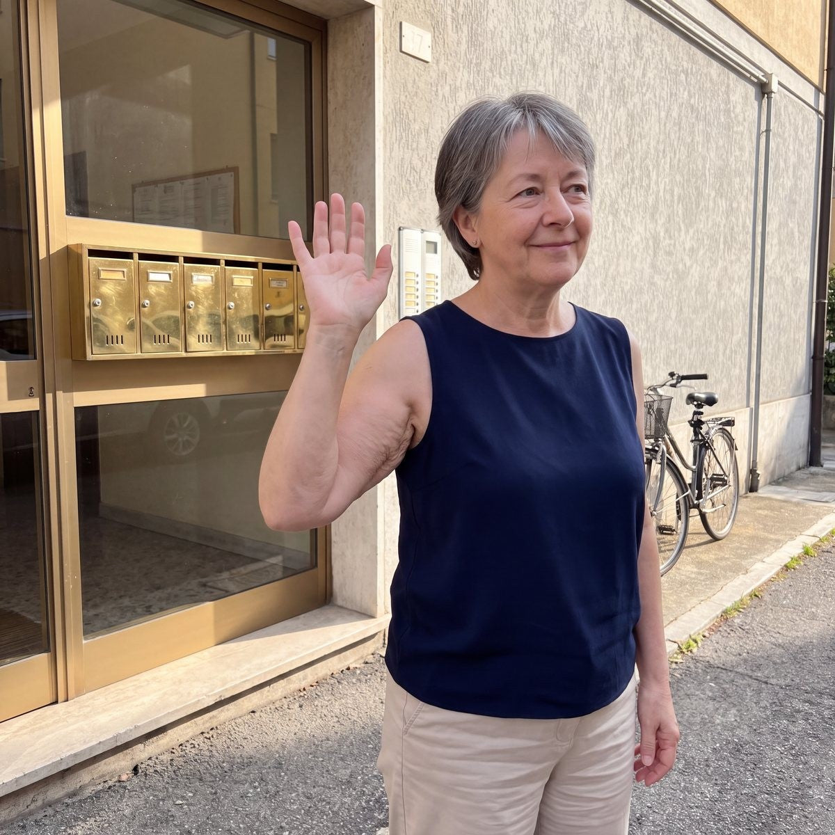 Woman waving with her elbow pressed to her side