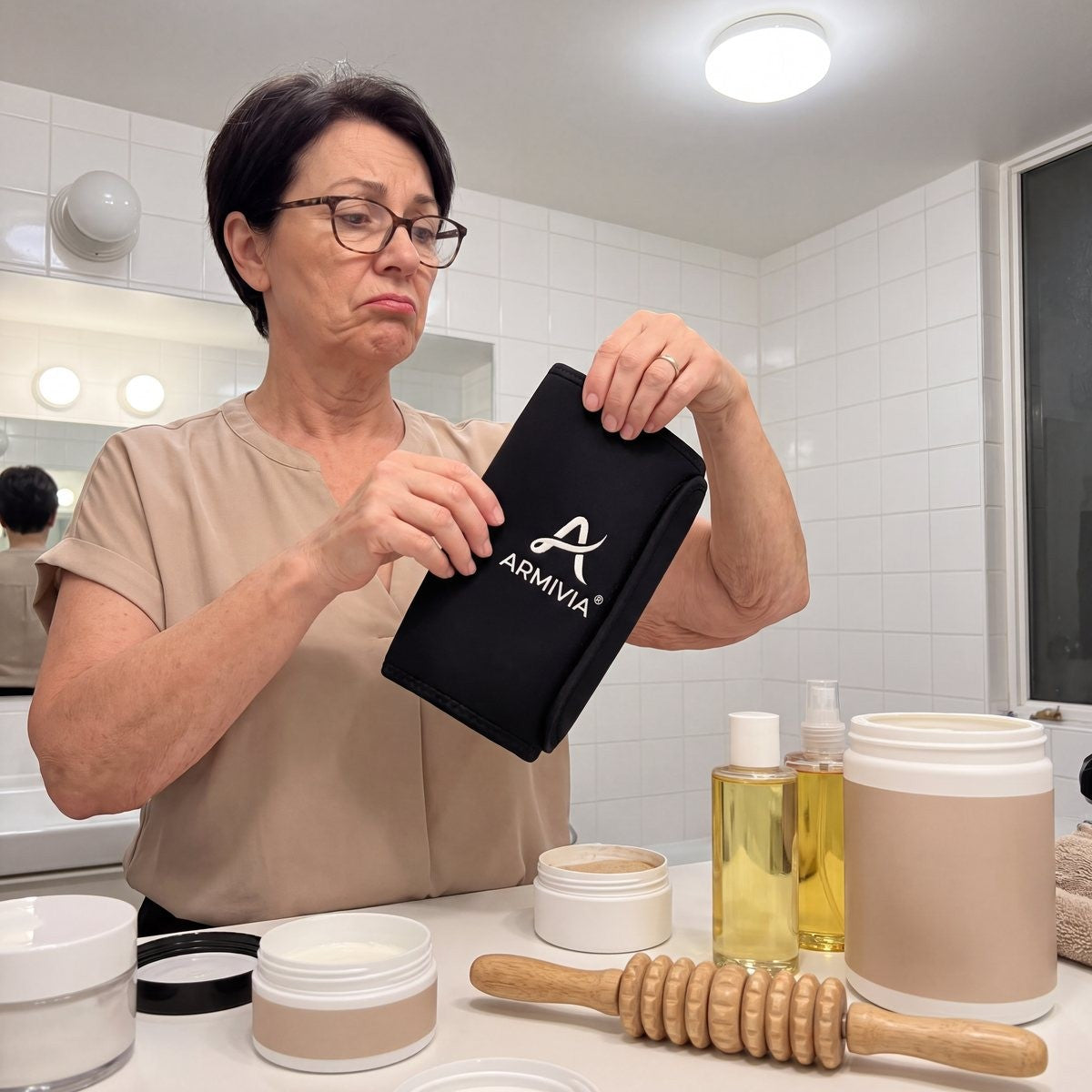 Sceptical woman holding the sleeve in front of her cream jars