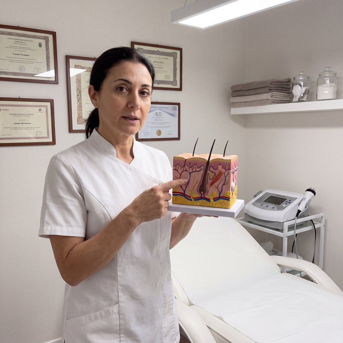 Beauty therapist explaining the layers of the skin with an anatomy model