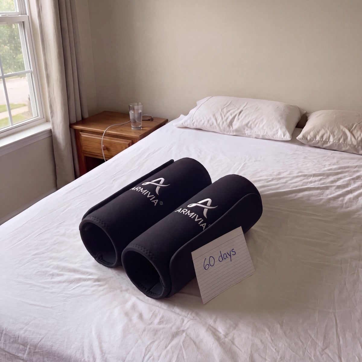 The two Armivia sleeves on the bed with a “60 days” note