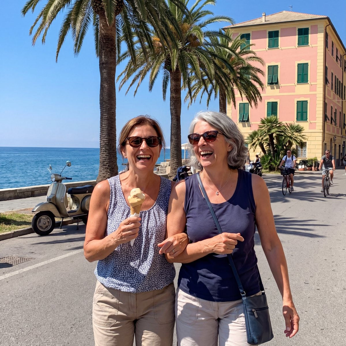 Two friends arm in arm on the beachfront, in sleeveless tops